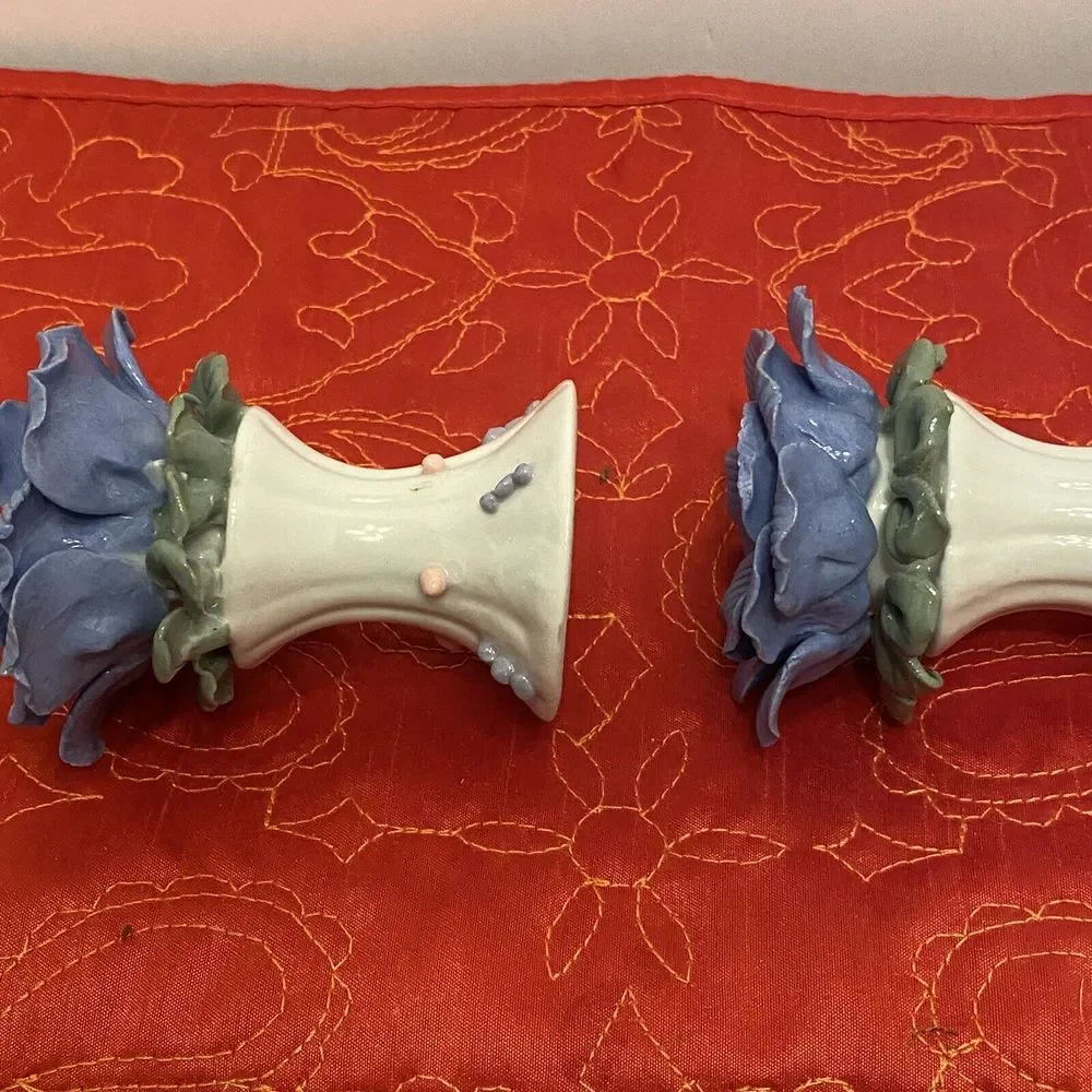 Lot of 2 VTG Blue Rose Porcelain Candlestick Holders One Perfect, One Lil Damage